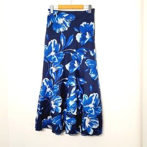 Julie Mitchell Fit Flare Maxi Skirt Blue Tropical Floral Linen Blend Lighweight
